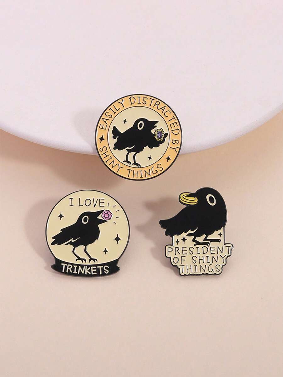 3pcs Creative Cute Raven & Text Design Brooch Pins, Cartoon Badge For Clothes, Backpack, Fashionable Jewelry For Men & Women, Perfect Gift For Friends - Multicolor - View 1
