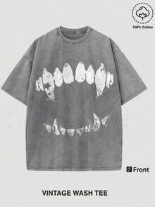 Funny Graphic Tee Short Sleeve T-Shirt Vintage Wash Tee Black Teeth Graphic Print Casual Daily Wear Y2K Street Wear Unique Quirky Pattern Short-Sleeve T-Shirt - 灰色 - 查看 1