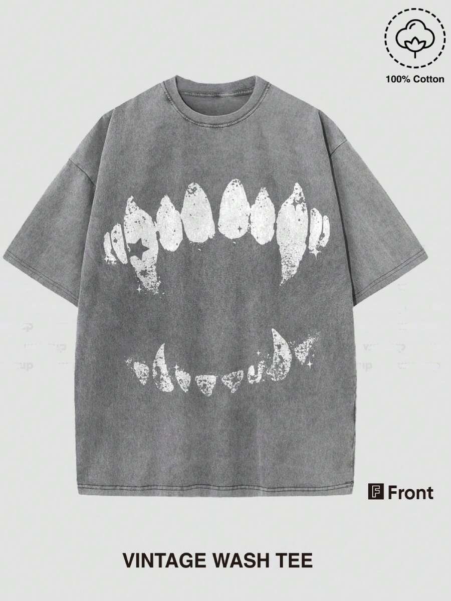 Funny Graphic Tee Short Sleeve T-Shirt Vintage Wash Tee Black Teeth Graphic Print Casual Daily Wear Y2K Street Wear Unique Quirky Pattern Short-Sleeve T-Shirt - 灰色 - 查看 1