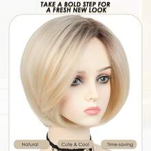 Party Wig-Short Blonde Wigs White Women Straight Wig With Cute Bangs Chin Length Wig Daily,Party Use - 金髮女郎 - 查看 2