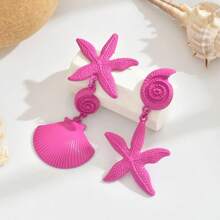 1 par de elegantes y dulces pendientes asimétricos con diseño de estrella de mar y concha para mujeres, adecuados para vacaciones, cumpleaños, citas, fiestas, vacaciones y uso casual