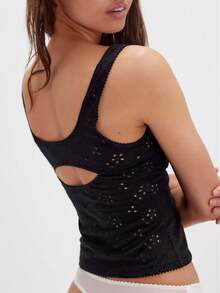 Full Bloom Eyelet Cami Y2k Sleeveless Scoop Neck Tank Top Summer Wide Strap Slim Fit Going Out Crop Tops - màu đen - Xem 2