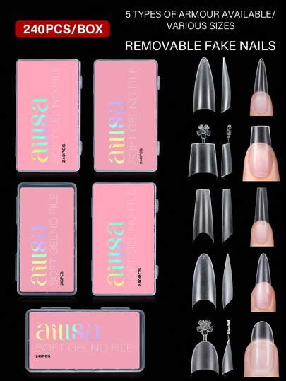 240 件中细高跟/短棺材/中棺材/中椭圆/短椭圆盒装指甲片，12/15 尺寸半覆盖亚克力假指甲，用于美甲沙龙家居 DIY、指甲延长美甲按压指甲美甲用品
