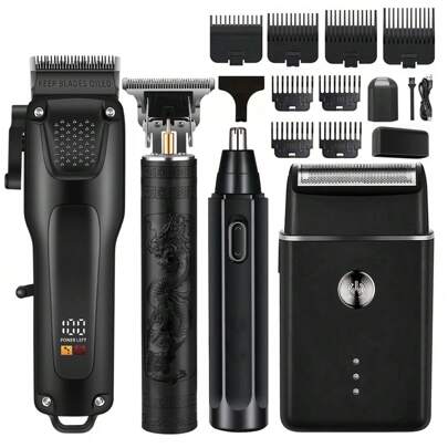 4pcs Men's Hair Clipper Set - Professional USB Rechargeable Grooming Kit With Nose Trimmer, Electric Shaver, Detail Trimmer, Ideal Father's Day Gift, All Support USB Charging, Equipped With Limit Combs, Valentine's Day Gift