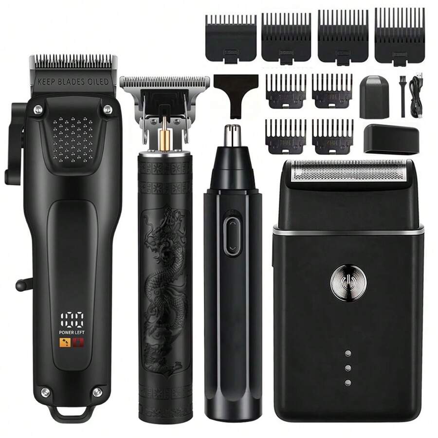 4pcs Men's Hair Clipper Set - Professional USB Rechargeable Grooming Kit With Nose Trimmer, Electric Shaver, Detail Trimmer, Ideal Father's Day Gift, All Support USB Charging, Equipped With Limit Combs, Valentine's Day Gift