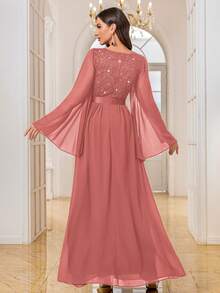 MIUSOL Vestido largo formal de fiesta con cuello en V profundo de gasa, mangas largas, volantes en el bajo y detalles de encaje y lentejuelas contrastantes