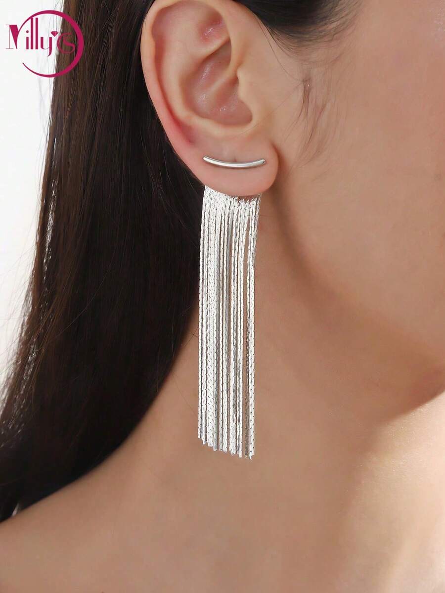 1 对金属链流苏吊坠耳环，优雅简约风格珠宝时尚配饰，适合女士