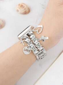 Silver Metal Band Compatible With Apple Watch Bands 49/46/45/44/42/41/40/38mm Women,Stylish Love With Cute Charms Pendants Dressy Wristband For Series 10 Ultra 2 9 8 7 6 5 4 3 2 SE
