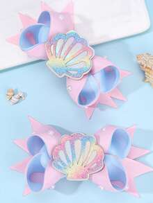 2 件女孩海洋主题发夹蝴蝶结，渐变闪光贝壳/海星饰物和白色珍珠装饰，缎带蝴蝶结，航海时尚发饰，适合海滩度假/夏日派对/泳池日 - 彩色 - 查看 1