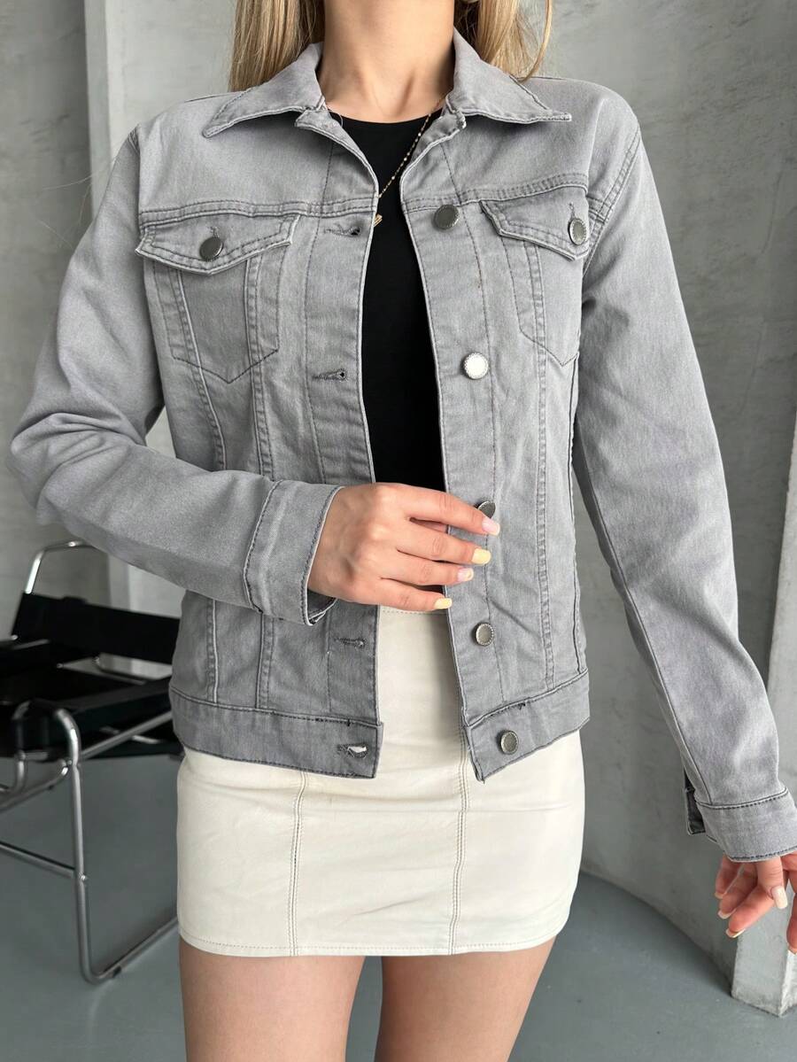 Solid Color Casual Pocket Button Front DENIM JACKET For Everyday Wear, Spring, Summer, Autumn