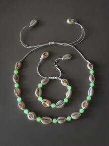 ZIRUISP Conjunto de collar y pulsera de verano con conchas luminosas naturales para mujer, con cadena de cuerda trenzada, ajustable, de estilo bohemio, como regalo para usar en la playa, vacaciones o uso diario