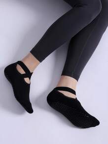 1 Par de Meias de Yoga Pretas, Ponta Redonda, Bottom de Tecido Atoalhado Macio e Confortável, Tira Cruzada Antiderrapante, Adequado para Pilates, Exercícios Internos, Dança