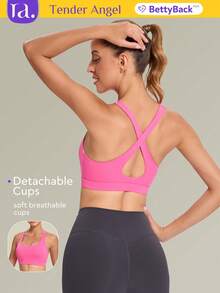 Tender Angel Women's Sports Yoga Bra With Criss Cross Back, Medium Support, Removable Pads - Hot Pink - View 1