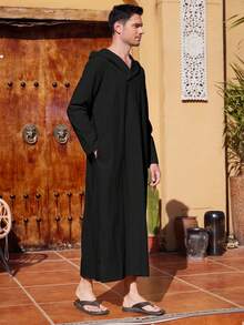 Bata con capucha de manga larga y largo para hombre, ropa con estilo retro árabe - Negro - Ver 5