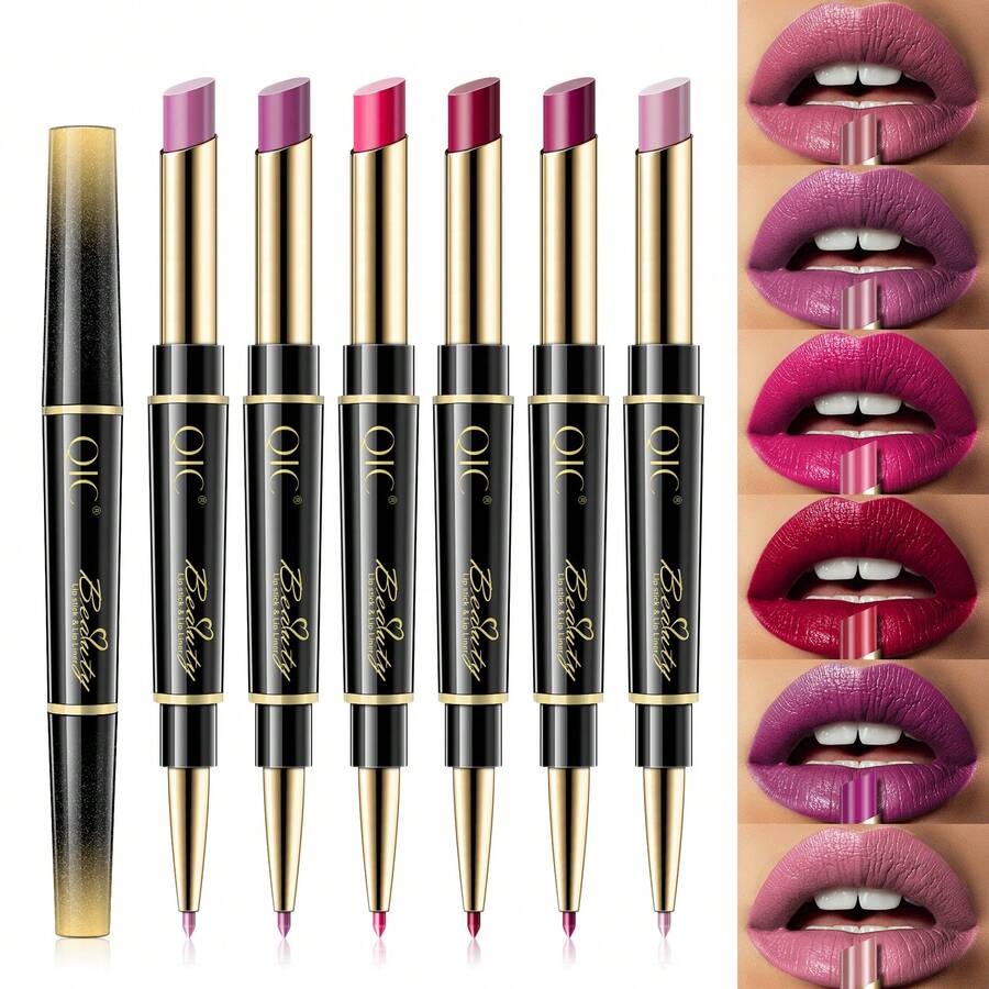 QIC Long Lasting Waterproof Christmas Gift Matte Lipstick & Lip Liner Set Long-Lasting Waterproof Double-Ended Non-Stick Cup High Pigmented Lipstick And Liner Pencil Smooth Texture Full Coverage Nude To Red Shades For All Day Wear Women Cosmetics Lips Makeup For Valentine's Day , Mother's Day Gifts
