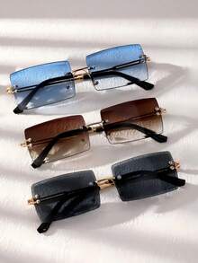 3pcs Women's Classic Square Frame Metal Frame Y2K Blue Double Bridge Glasses Set Rectangular Shape Women Fashion Glasses Shades - Multicolor - View 8