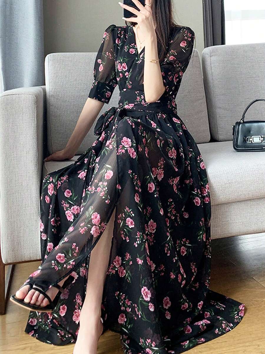 Women's V-Neck Short Sleeve Tie Floral Maxi Dress, High Waist Slim Fit Slit A-Line Dress, Summer Casual Wear For Daily, Date, Beach Vacation, Summer Dresses For Women - màu đen - Xem 1