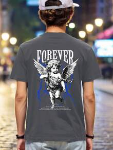 Boys & Teen Casual Everyday Wear Angel Pattern Round Neck Short Sleeve T-Shirt - Grey - View 3