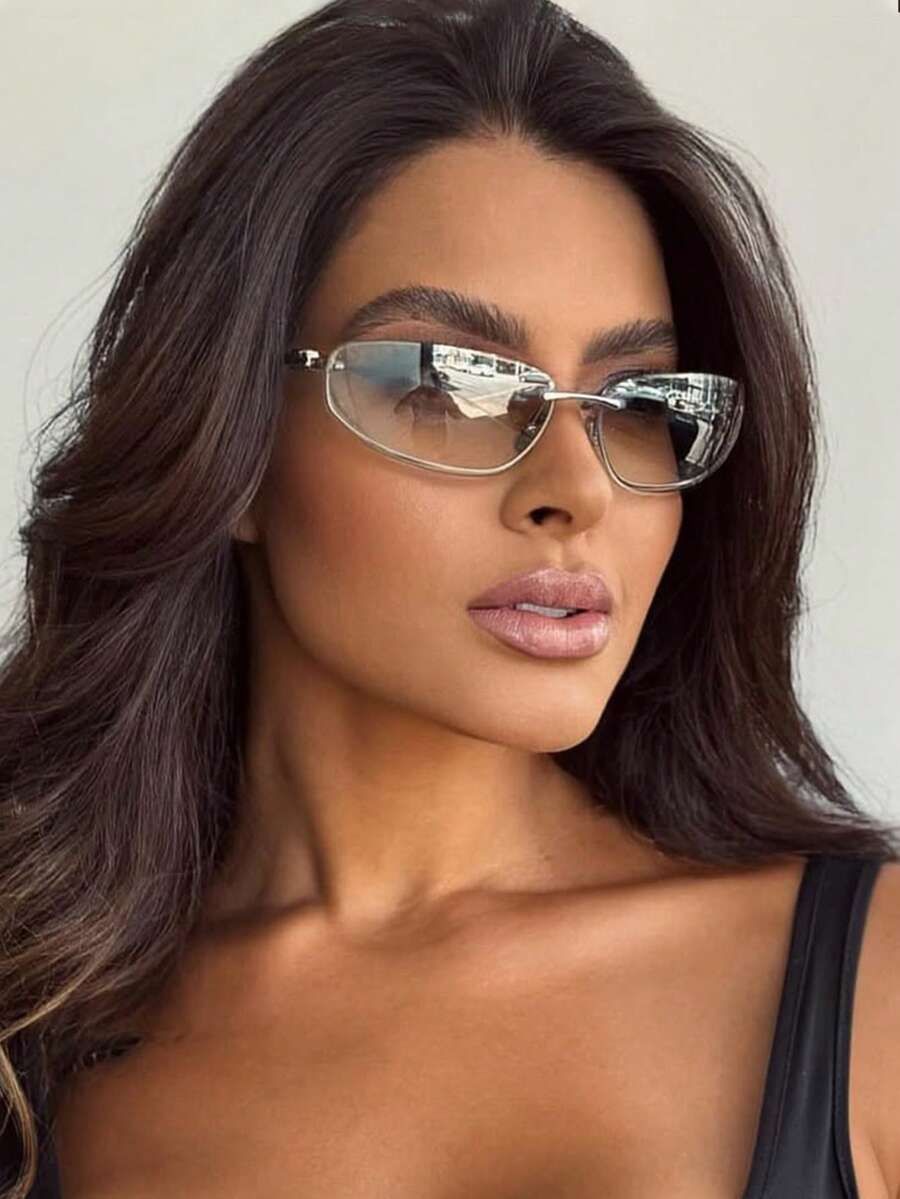 1pc Frameless Oval Fashion Glasses Y2K Personalized Versatile Women's Fashion Glasses Suitable For Daily Wear, Street Photography, Vacation Travel, Summer Beach Accessories - 銀色 - 查看 1