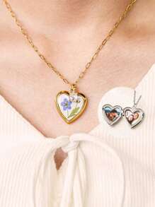 Custom Photo Necklace, Handmade Women's Forget-Me-Not Flower Photo Locket Necklace, Customized Family, Couple, Kids Or Pet Photos, Great For Graduation Gift, Best Friend Keepsake, Birthday, Anniversary