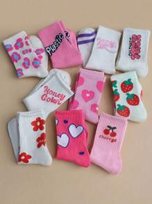 5 Pares Aleatórios de Meias Tripulação Fashionistas Respiráveis para Mulheres com Estampas de Coração e Morango, Adequadas para Primavera, Outono e Inverno