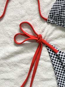 2pcs/Set 2025 New Women Blue & White Plaid Print Bikini Swimsuit - Black and White - View 5