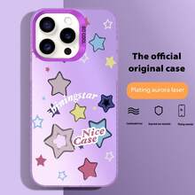 1pc Stars, Text, Purple Pattern Silver Laser Mobile Phone Case, Laser IMD Mobile Phone Case, Suitable For All Models Of Apple Mobile Phone Cases, Can Be Used For Apple 11/12/13/14/15/16/Pro/Plus/Pro Max/16e Mobile Phone Cases - 紫色 - 查看 6