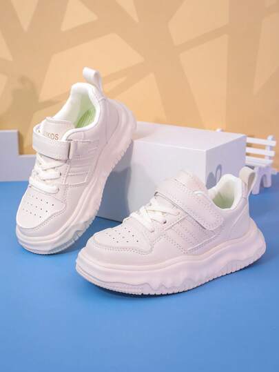 Fashionable Girls White Sneakers, New Spring/Summer Children Sports Shoes, Non-Slip Casual Running Shoes For Big Kids, Hook And Loop Leather Boys Campus Casual Trainers