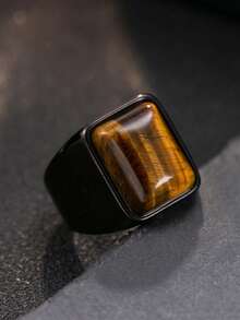 黑色粗戒指男士虎眼石戒指不锈钢铸造深色哥特式戒指朋克天然石首饰摇滚戒指日常佩戴男友礼物开业季礼物 - 虎眼石戒指 - 查看 13