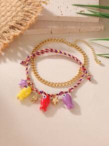 2 Stücke/Set süßes, mehrschichtiges buntes Seil, Keramik Fisch & Seestern, Edelstahl Kette Fußkette Set für Frauen, geeignet für Urlaubsoutfits