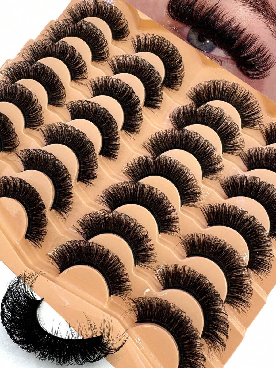 HBZGTLAD 14 Pairs Fluffy Crossed Thick Natural Looking Synthetic Mink Eyelashes, Extra Long 3D Handmade Lash Extension, Reusable Makeup False Eyelashes, Assorted Styles - 濃密款 - 查看 1