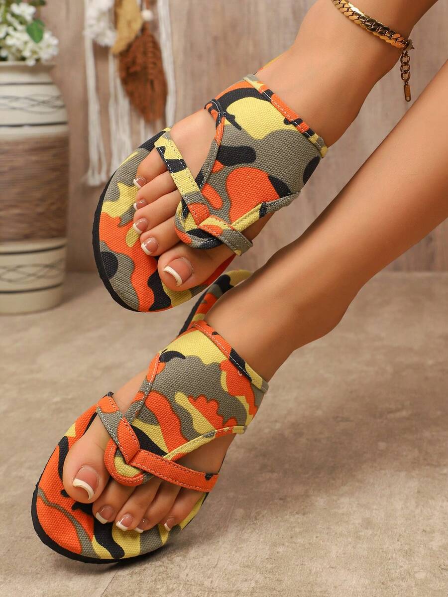 2025年夏季休闲平底水钻人字拖凉鞋，圆头甜美沙滩拖鞋 - 桔紅 - 查看 1