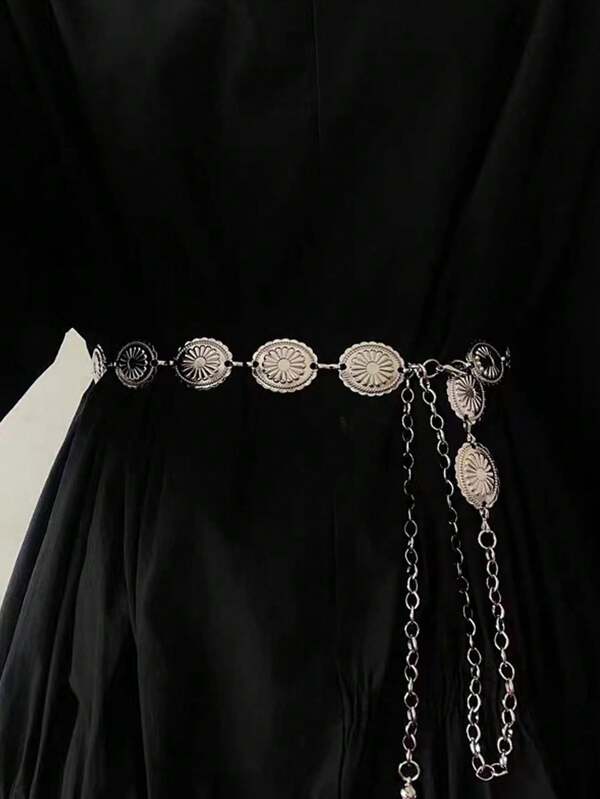 1pc Women's Silver Oval Metal Extra Long Waist Chain, High-End Metallic Chain Belt For Dresses, Suits, Hanfu, Ins Style And Euramerican