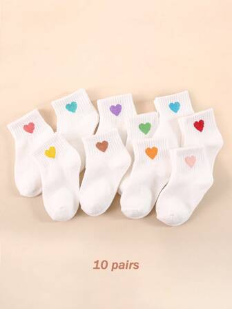 10 paires de chaussettes mi-mollet respirantes avec motif cœur pour filles, lavables en machine, convenant aux enfants plus âgés