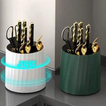 1 Set Rotating Knife Holder, Kitchen Knife & Utensil Storage Rack With Cup Holder, 360° Swivel