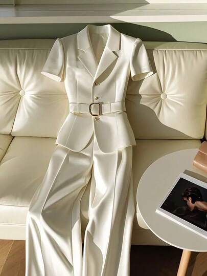 A Fashionable And Elegant Light Mature Style Apricot Short-Sleeved Suit, Wide-Leg Casual Trousers, Women's Spring And Summer Suit Set