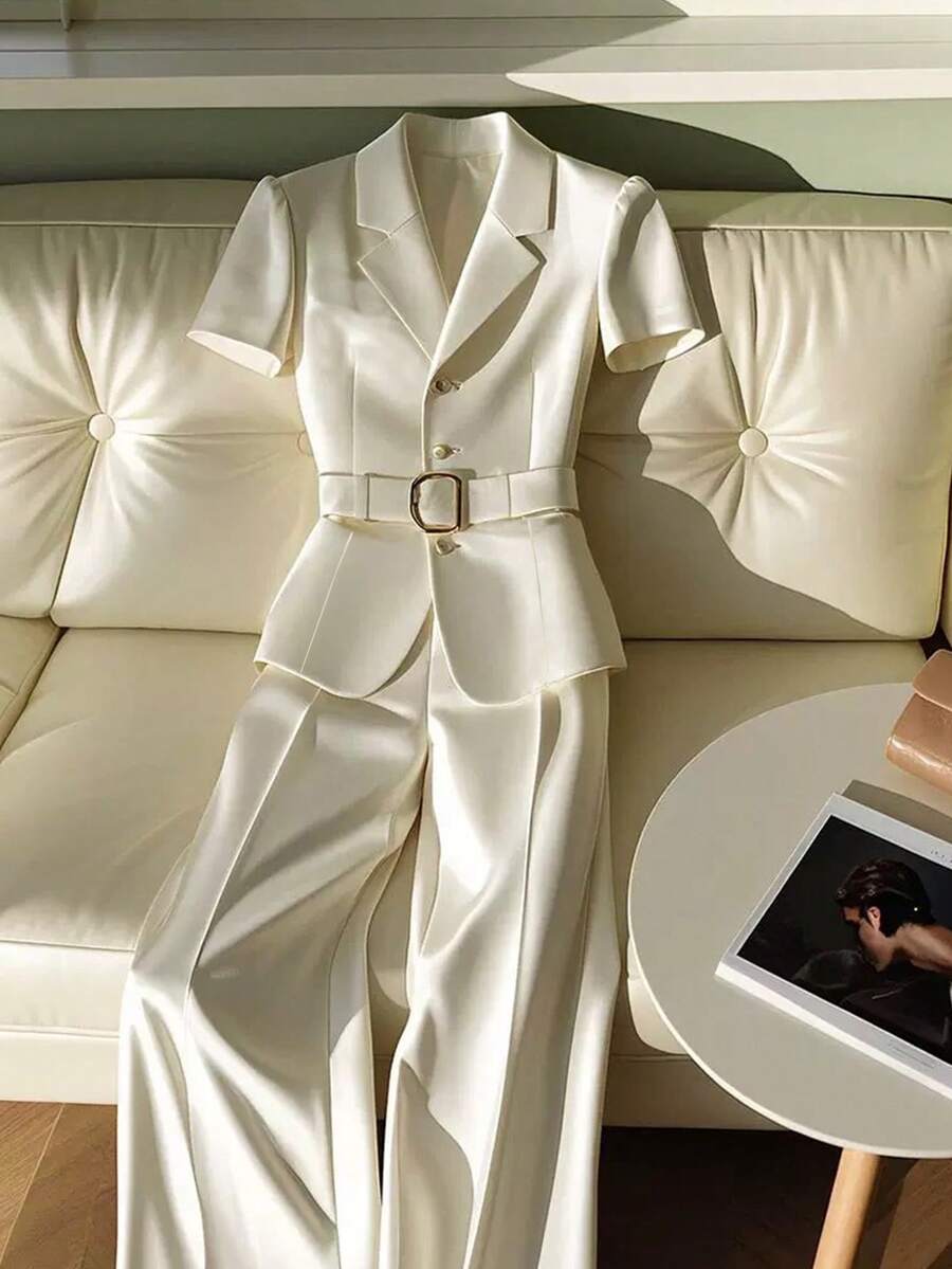 时尚优雅轻熟风杏色短袖西装阔腿休闲裤女春夏套装套装 - 米色 - 查看 1