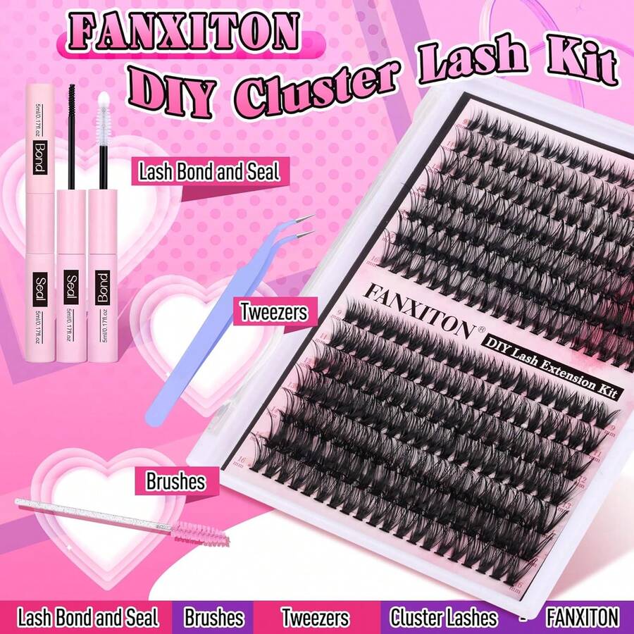 FANXITON Lash Extension Kit Volume Lash Clusters 40D+50D D Curvature Individual Lashes Lash Clusters Kit Thick Eyelash Extension Kit 280 Pcs Band Cluster Lashes Lash And Seal Tweezers - Lash Clusters Kit-d (80D+100D+120D) - View 1