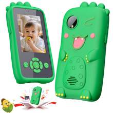 Juguete de teléfono en forma de dinosaurio para niños con cámara HD dual y juegos educativos, funda de silicona resistente a golpes, mejor regalo para niños y niñas de 3 a 12 años (con tarjeta de 32 GB)