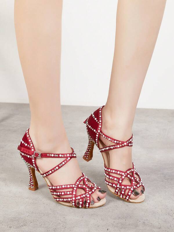 Pearls Red Latin Dance Shoes 9cm Heel Tango Salsa Jazz Ballroom Dancing Shoes For Women Ladies' Rhinestone Wedding Shoes Indoor Party Shoes
