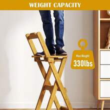 Wooden Folding Bar Stool Bamboo Kitchen Counter Height Stools With Backrest UK - Multicolor - View 7