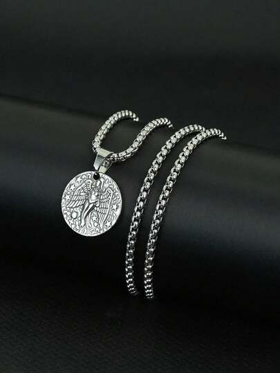 diffone 复古银币天使吊坠项链，不锈钢嘻哈链项链，男女皆宜