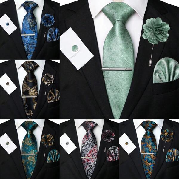 Juego de 5 piezas, corbata clásica de hombre con estampado de cachemira, corbata de tela de 1200 agujas con flor de anacardo, pañuelo de bolsillo, gemelos, clip de corbata y alfiler de solapa, adecuado para hombre en trabajo, negocios, formal, boda, casual y graduación