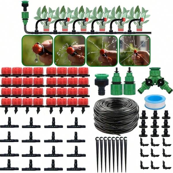 Druppelirrigatiesysteem, Micro Garden Druppelirrigatiesysteem met 1/4 inch slang en verstelbare sproeier met nevelsproeier, Automatisch bewateringssysteem voor kas, tuin, gazon en planten