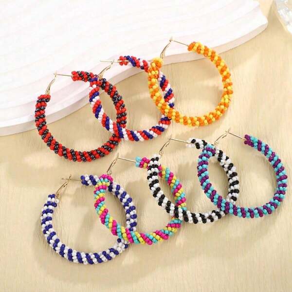 1 Pair Bohemian Style Handmade Beaded Round Earrings For Women