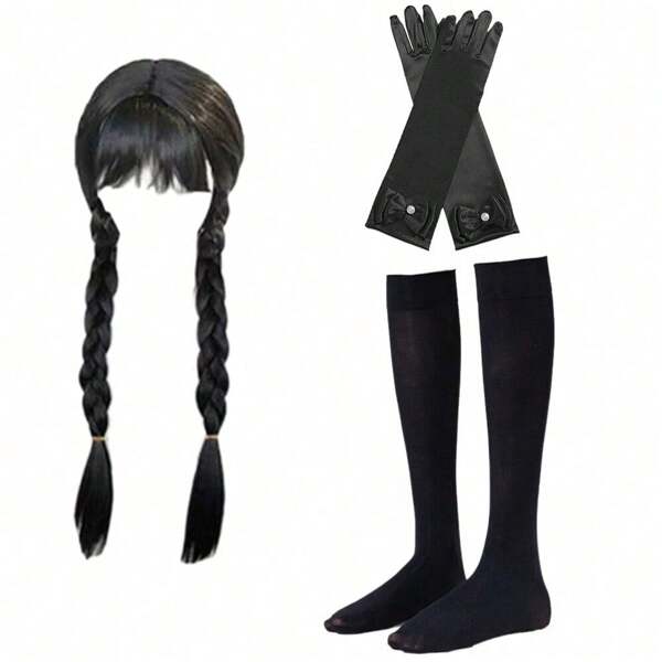 1pc Anime Black Wednesday Wig, Suitable For Christmas, Long Straight Black Synthetic Wig, Suitable For Girls, Carnival/Christmas/Halloween Costume Role-Playing