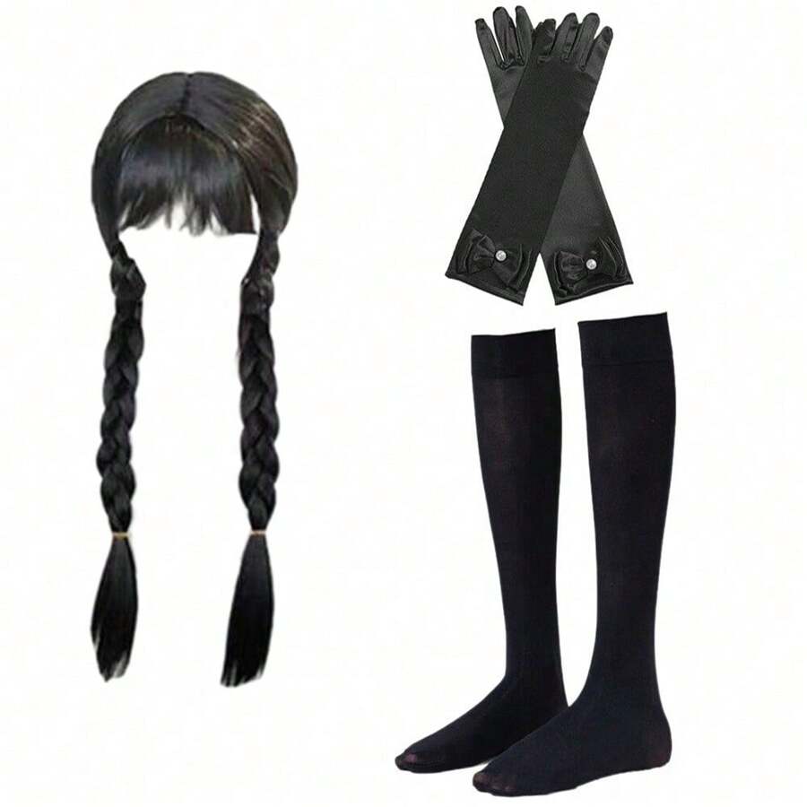 1pc Anime Black Wednesday Wig, Suitable For Christmas, Long Straight Black Synthetic Wig, Suitable For Girls, Carnival/Christmas/Halloween Costume Role-Playing