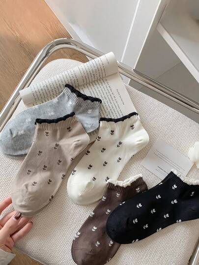 5/10 أزواج من جوارب قصيرة متدلية للنساء بنمط الزهور الصغيرة للربيع والصيف والخريف ، ذات حافة ملفوفة ، متعددة الاستخدامات للارتداء اليومي ، جميلة ، عصرية ، بسيطة ، مريحة ، ناعمة ، قابلة للتنفس للنساء