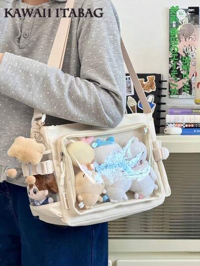 Kawaii Japanese School Crossbody Bags Basic Style Solid Color Clear Transparent New Simple Girls Shoulder Bag Preppy College Student Handbags With Badges Display Plate Small Side Pocket Can Put 10cm Dolls DIY Ita Bag JK Back To School Gifts Concert Anime Fans Bags Women Bolsos