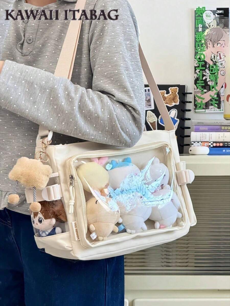 Kawaii Japanese School Crossbody Bags Basic Style Solid Color Clear Transparent New Simple Girls Shoulder Bag Preppy College Student Handbags With Badges Display Plate Small Side Pocket Can Put 10cm Dolls DIY Ita Bag JK Back To School Gifts Concert Anime Fans Bags Women Bolsos - Beige - View 1